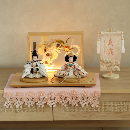 【フラワーアート×LEDライト】くすみカラー×手刺繍風 麻柄刺繍 ひな飾りセット