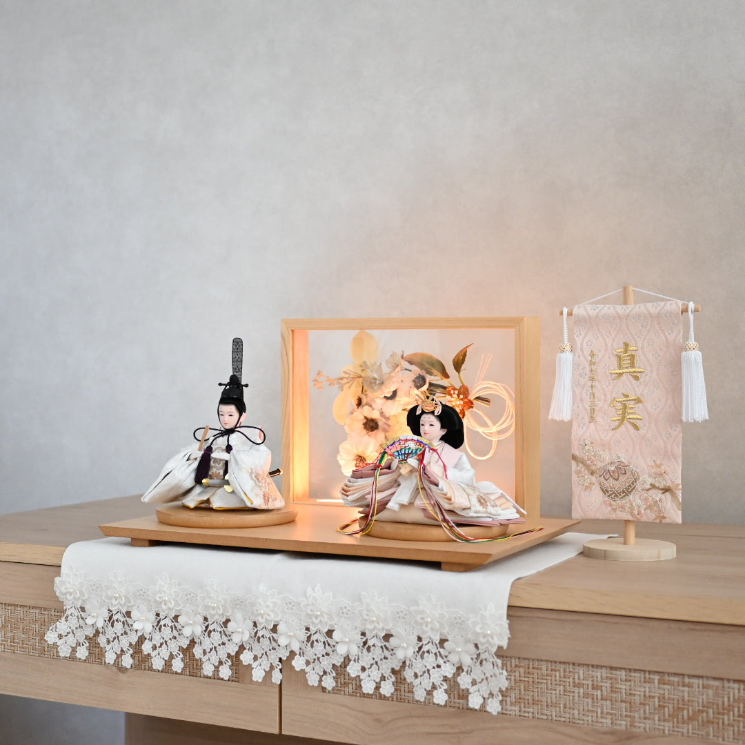 【フラワーアート×LEDライト】くすみカラー×手刺繍風 麻柄刺繍 ひな飾りセット