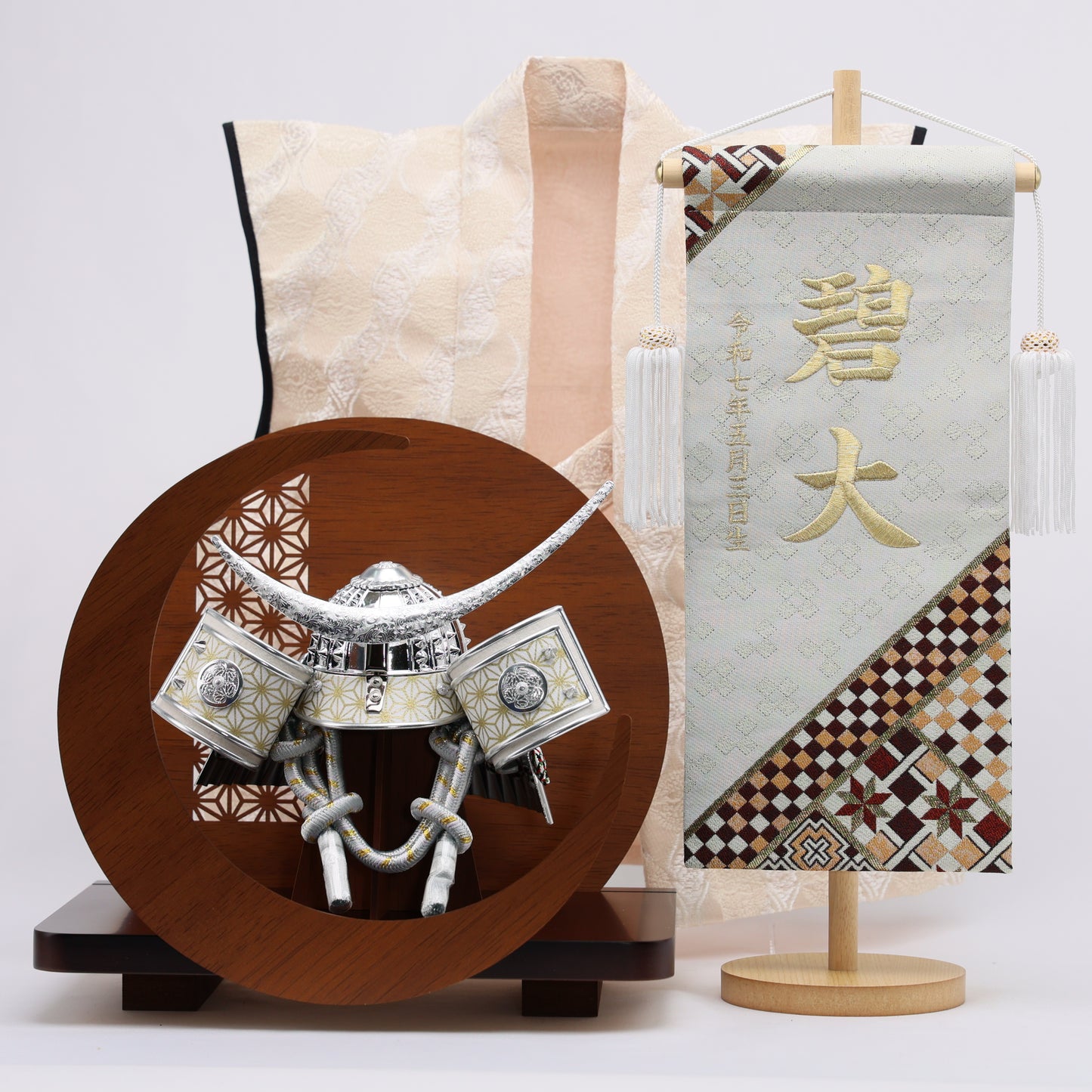 寄木細工柄 (ホワイト)　名前旗 (大)　スタンドセット