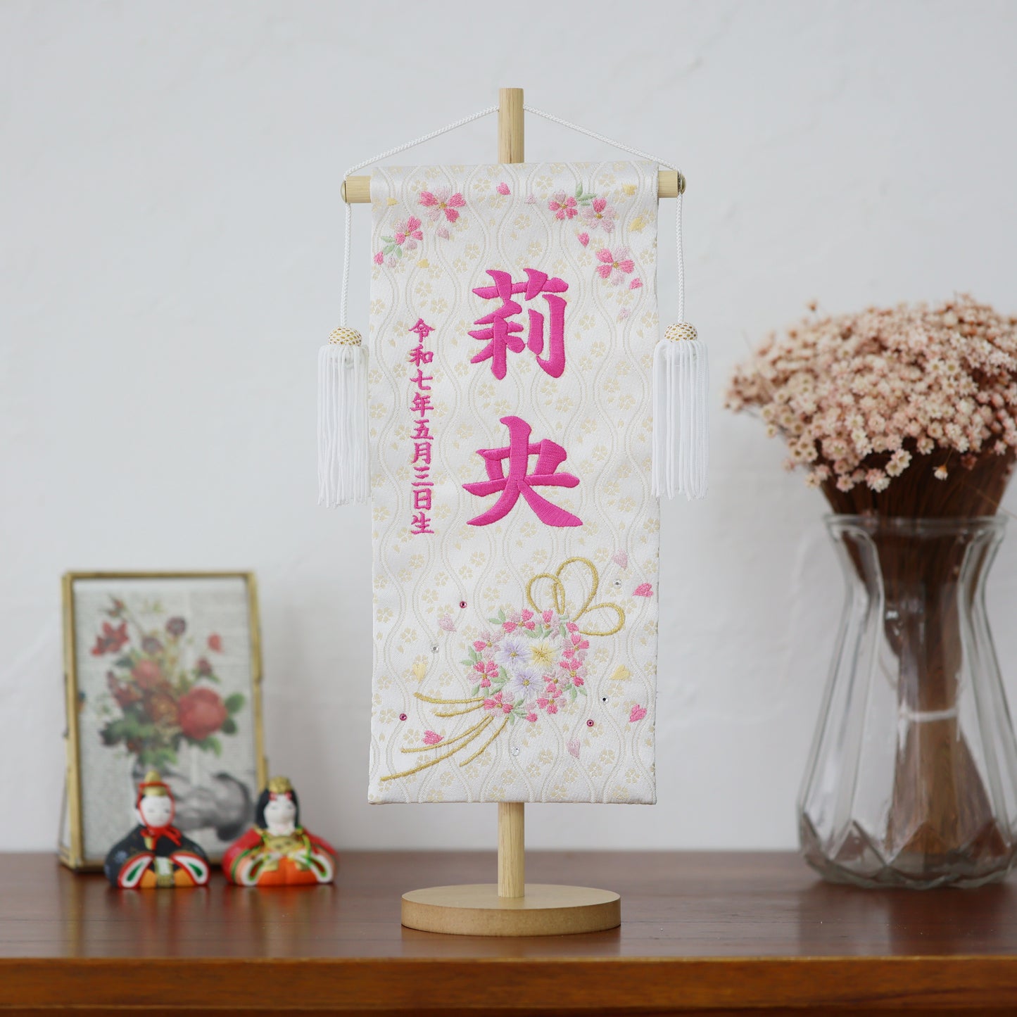 【選べる２色】スワロを使ったリボンと花環の名前旗 (大)　スタンドセット