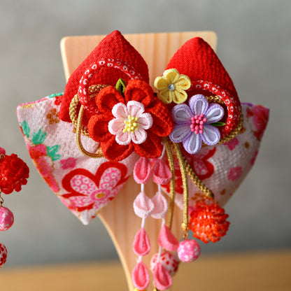 ちりめん髪飾り羽子板　板立飾り　赤色