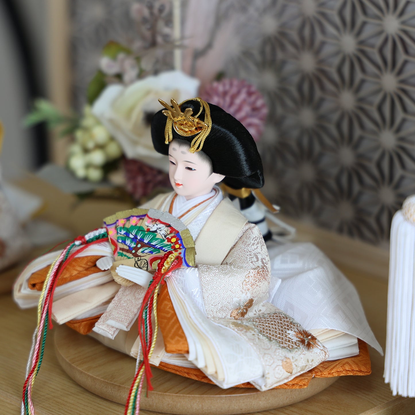 【雪輪さくら雛ｘ透け感組子風屏風】コンパクト収納雛飾りセット