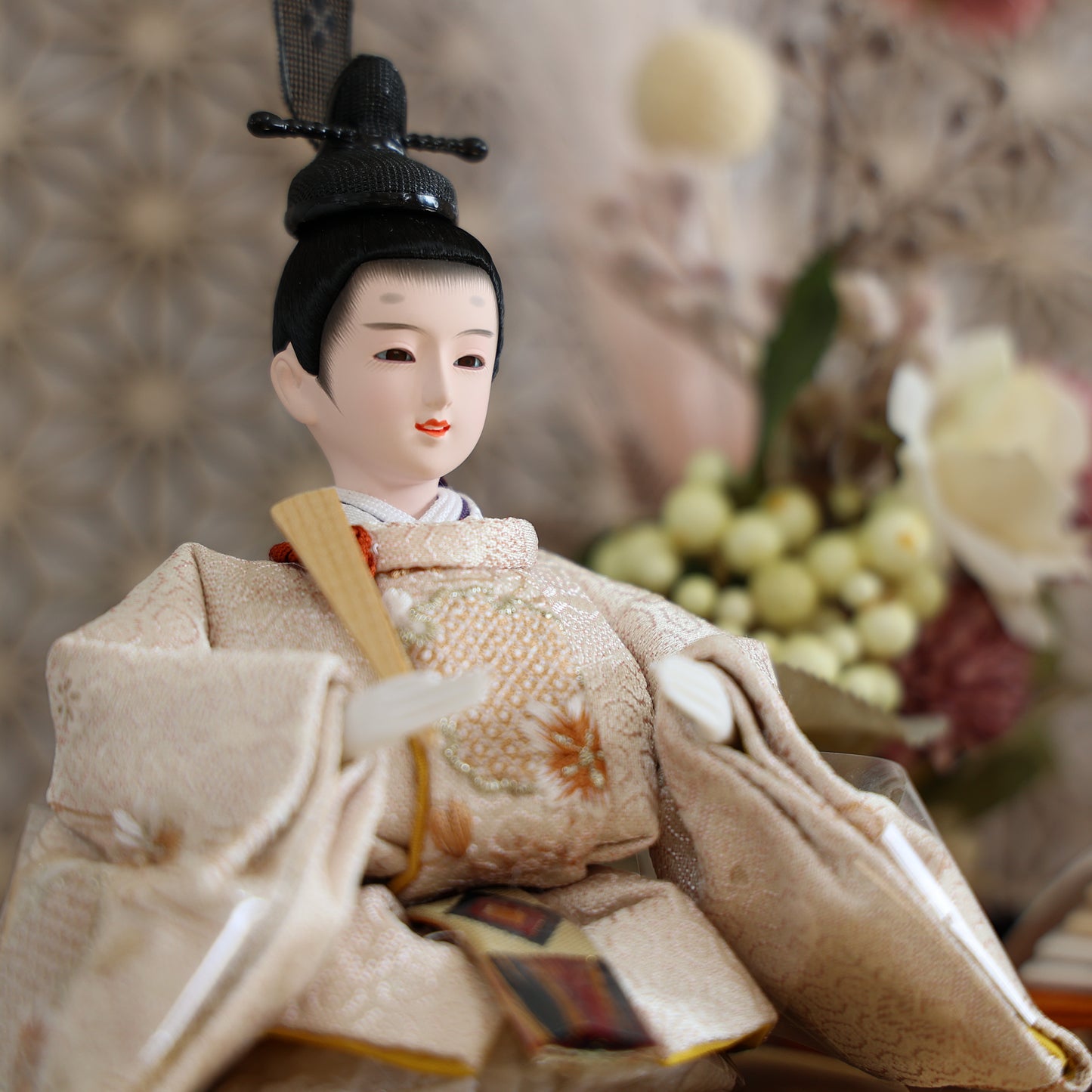 【くすみカラー×雪輪桜 刺繍雛】コンパクトdeケースに飾るひな人形♪