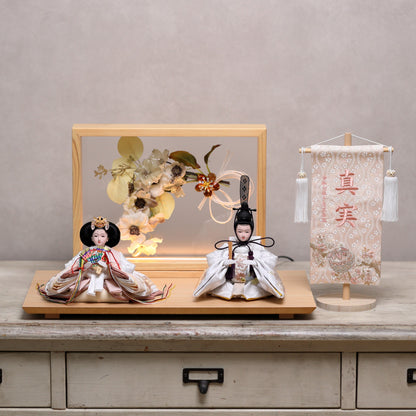 【フラワーアート×LEDライト】くすみカラー×手刺繍風 麻柄刺繍 ひな飾りセット