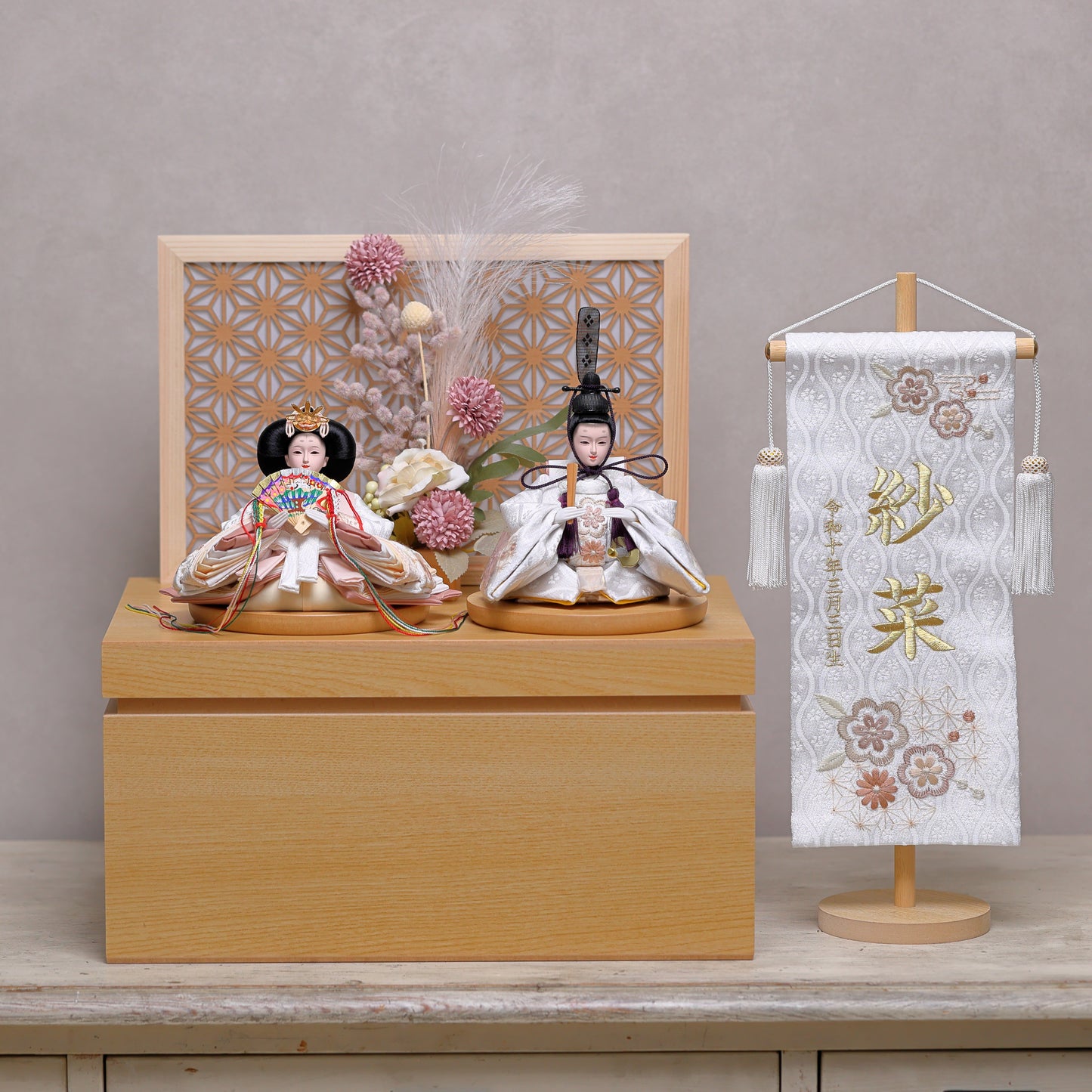 【春色くすみ雛ｘ透け感組子風屏風】コンパクト収納雛飾りセット