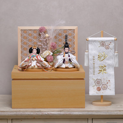 【春色くすみ雛ｘ透け感組子風屏風】コンパクト収納雛飾りセット