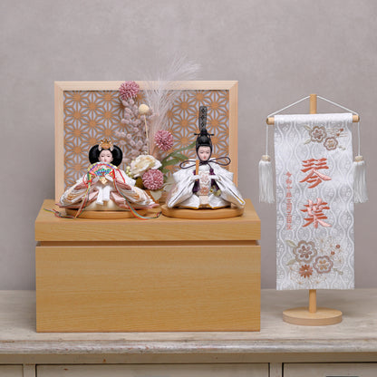 【春色くすみ雛ｘ透け感組子風屏風】コンパクト収納雛飾りセット