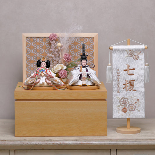 【春色くすみ雛ｘ透け感組子風屏風】コンパクト収納雛飾りセット