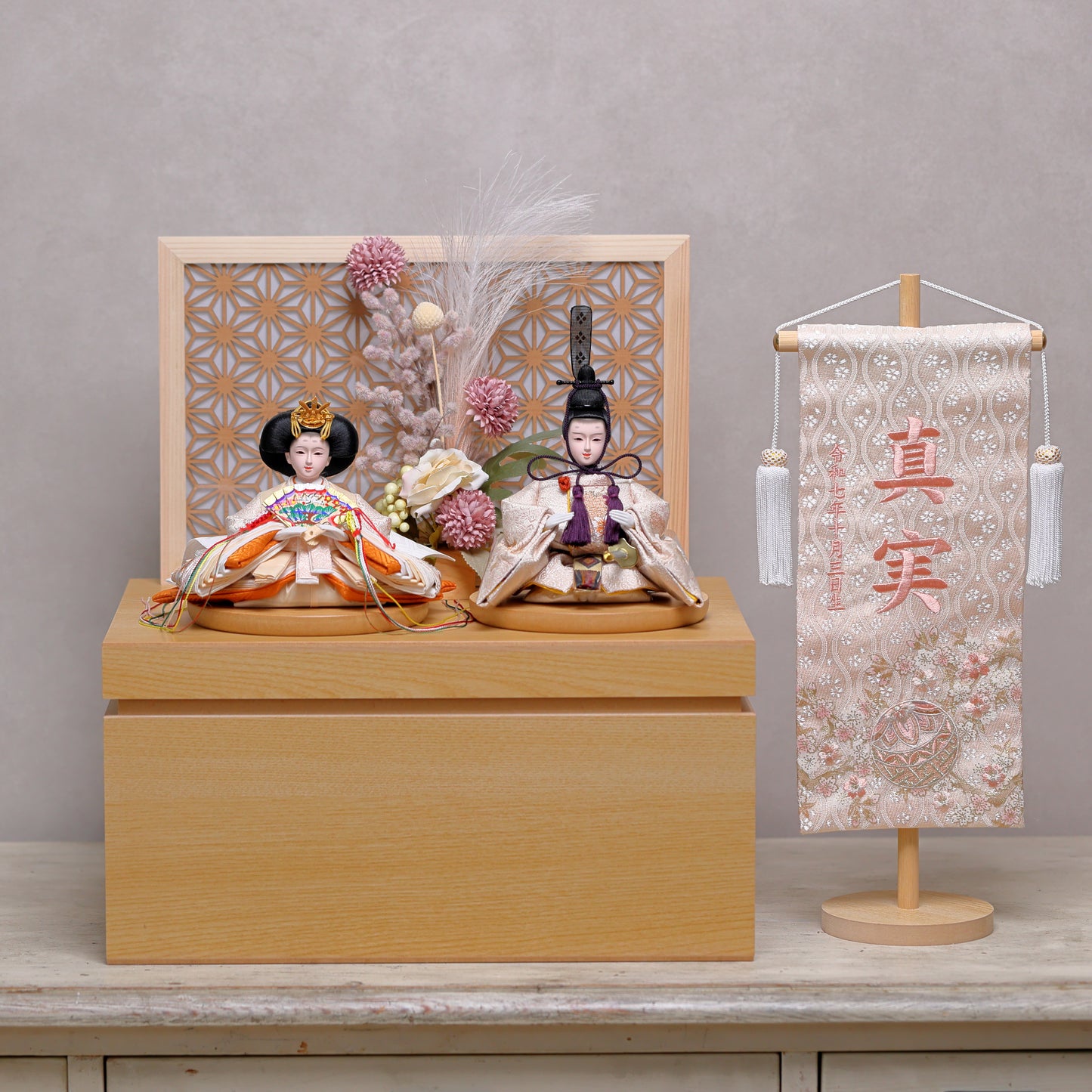 【雪輪さくら雛ｘ透け感組子風屏風】コンパクト収納雛飾りセット