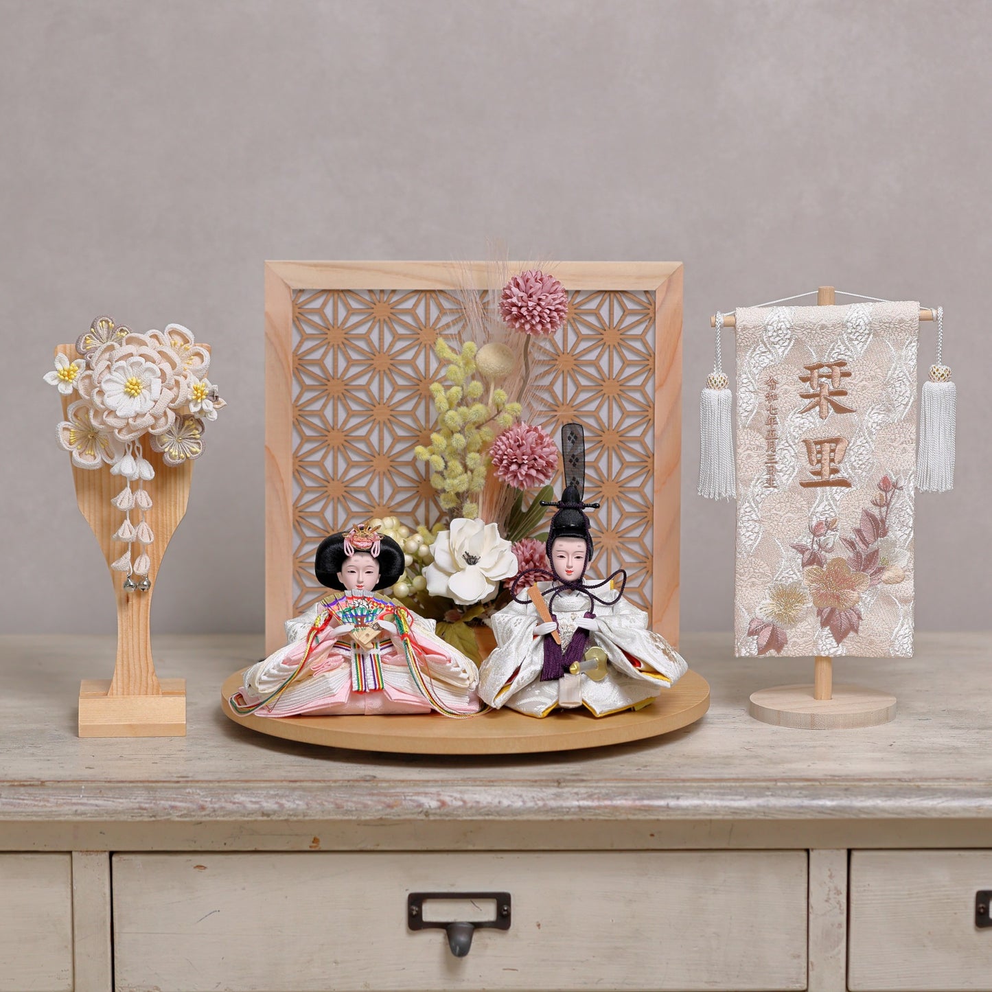 【選べる羽子板カラー】雛人形フルセット (グレージュ羽子板)