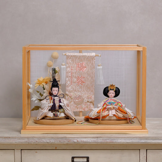 【くすみカラー×雪輪桜 刺繍雛】コンパクトdeケースに飾るひな人形♪