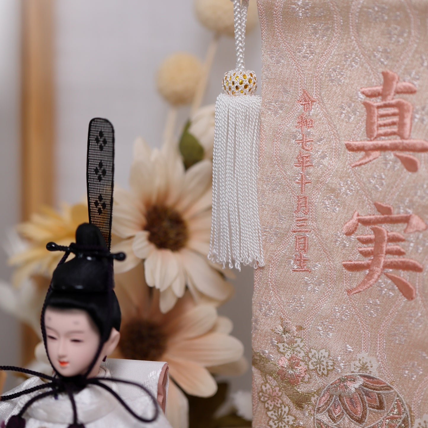 【くすみカラー×手刺繍風 麻柄刺繍雛】コンパクトdeケースに飾るひな人形♪