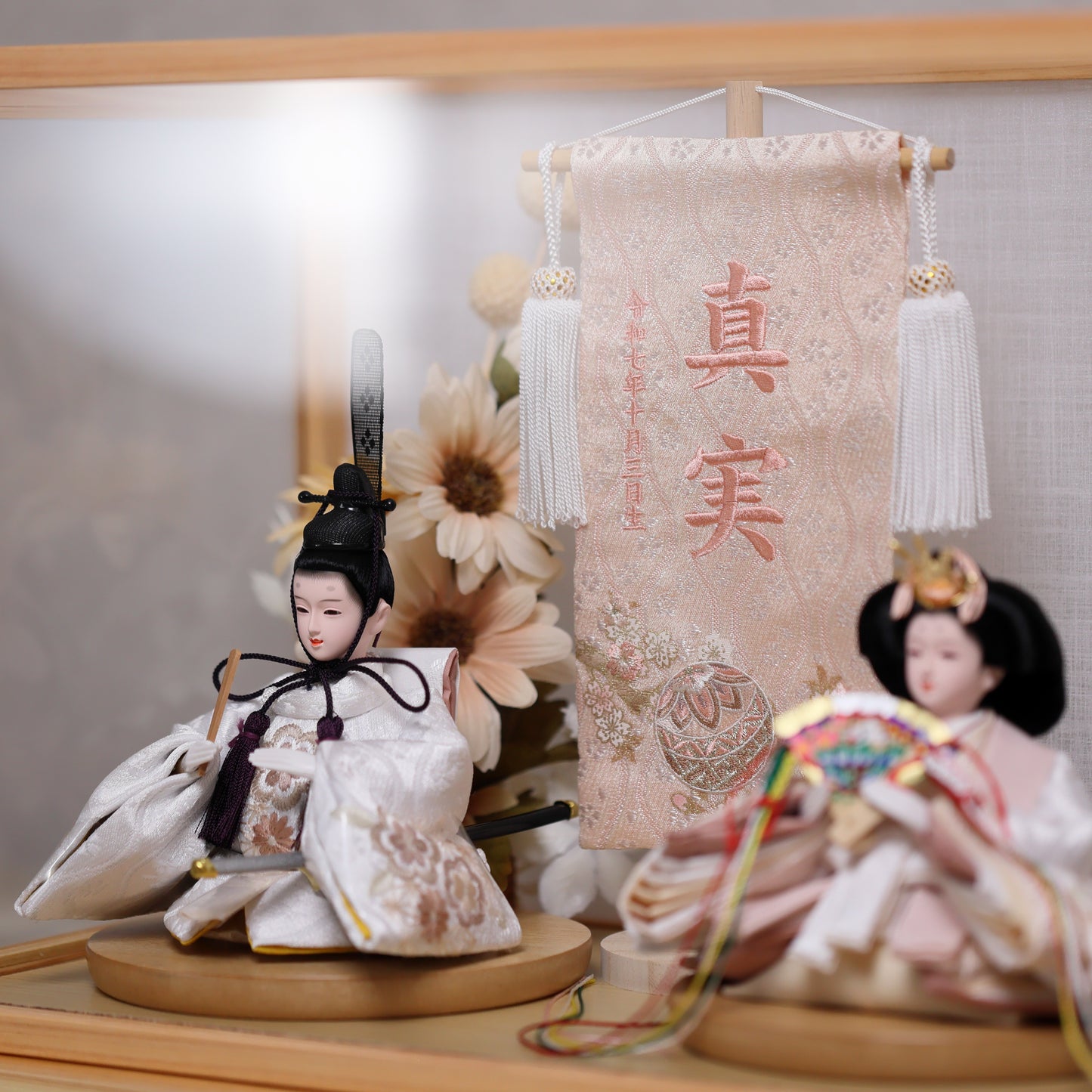 【くすみカラー×手刺繍風 麻柄刺繍雛】コンパクトdeケースに飾るひな人形♪