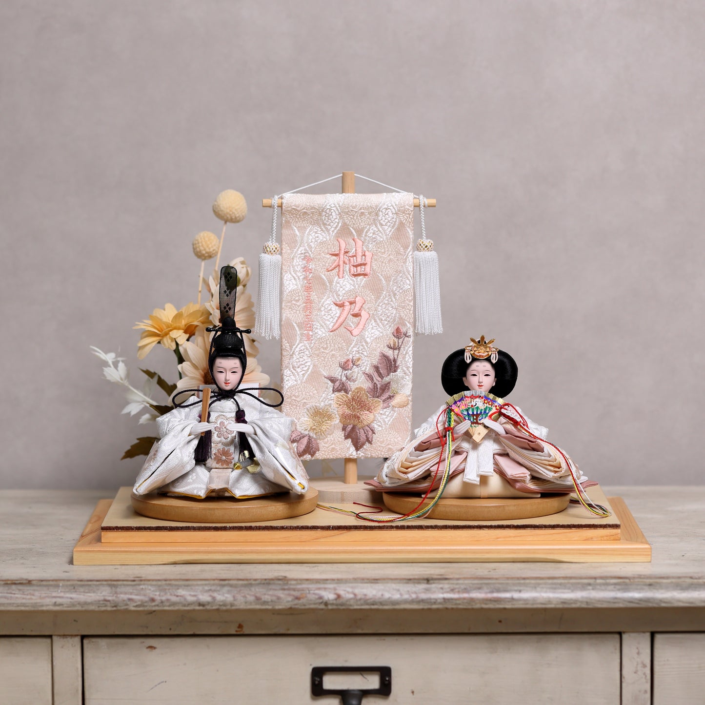 【くすみカラー×手刺繍風 麻柄刺繍雛】コンパクトdeケースに飾るひな人形♪