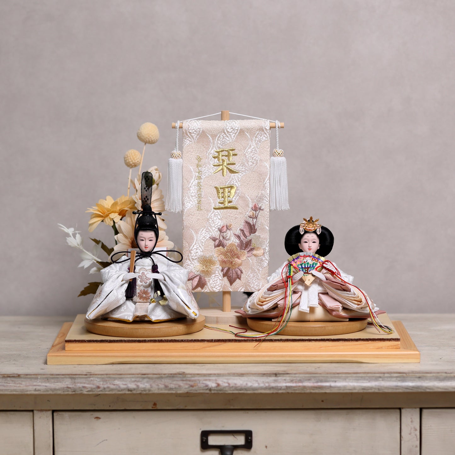 【くすみカラー×手刺繍風 麻柄刺繍雛】コンパクトdeケースに飾るひな人形♪