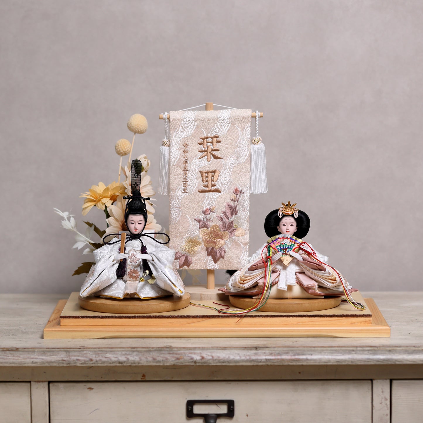 【くすみカラー×手刺繍風 麻柄刺繍雛】コンパクトdeケースに飾るひな人形♪