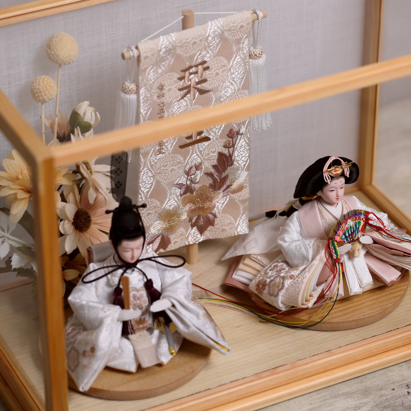 【くすみカラー×手刺繍風 麻柄刺繍雛】コンパクトdeケースに飾るひな人形♪