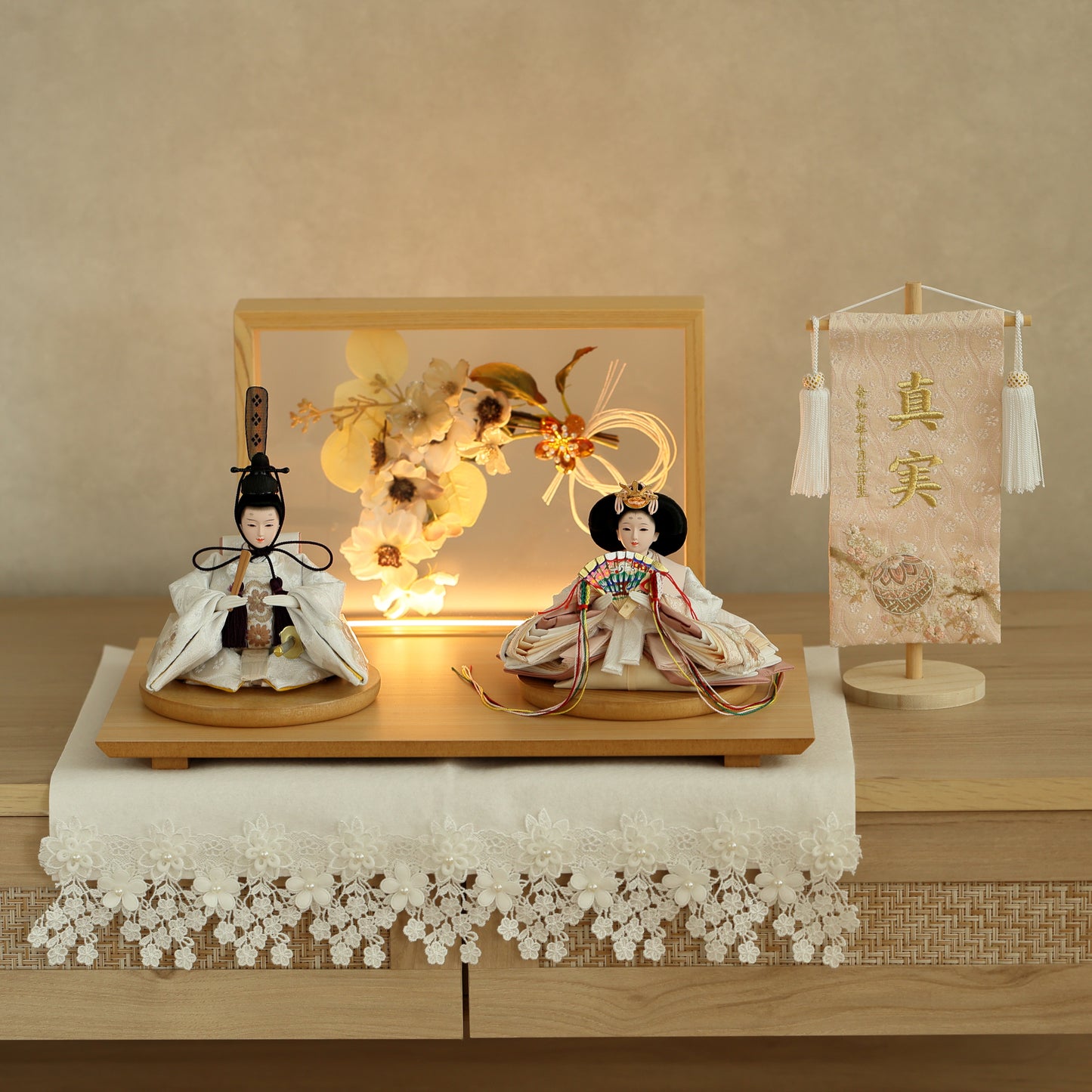 【フラワーアート×LEDライト】くすみカラー×手刺繍風 麻柄刺繍 ひな飾りセット