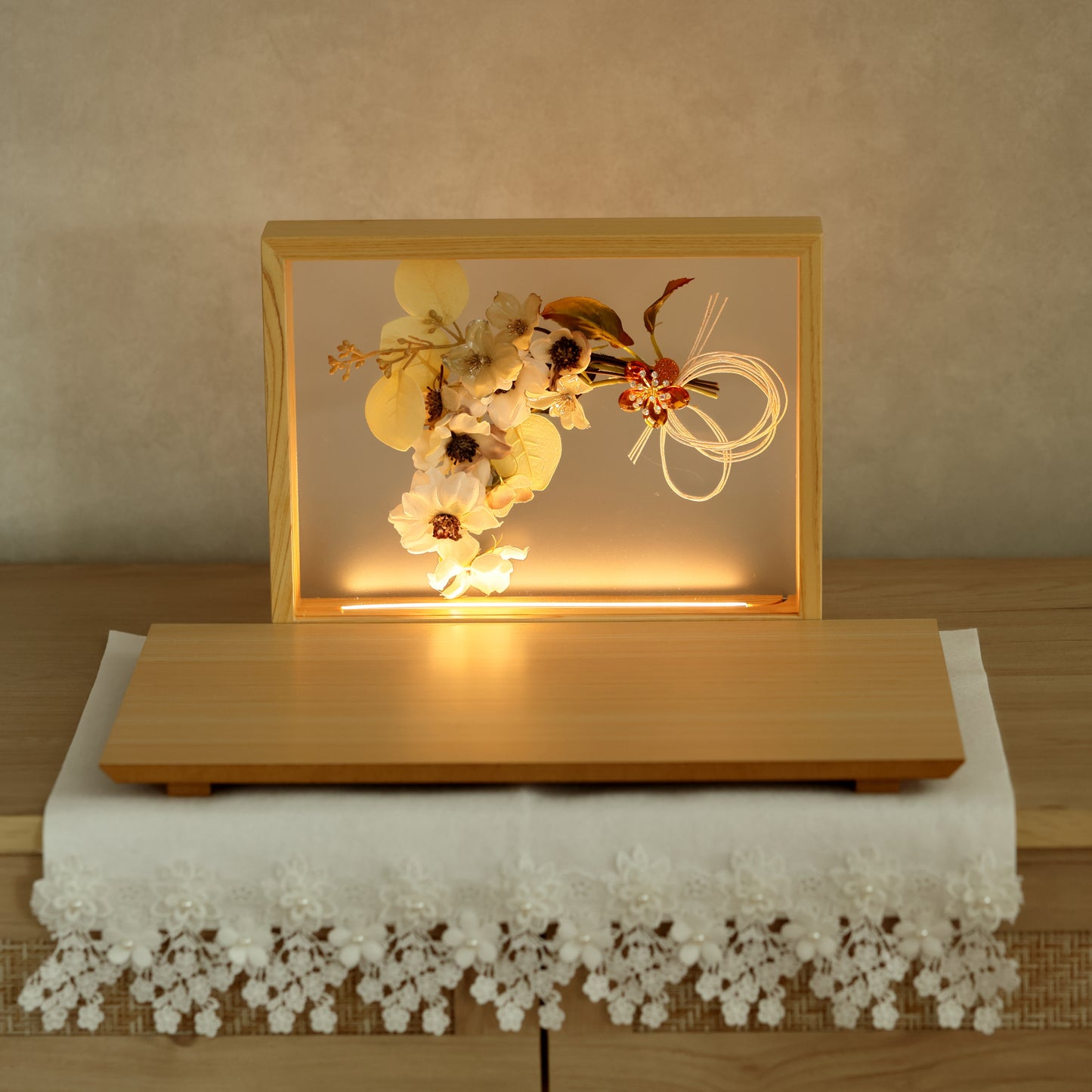 【フラワーアート×LEDライト】くすみカラー×手刺繍風 麻柄刺繍 ひな飾りセット