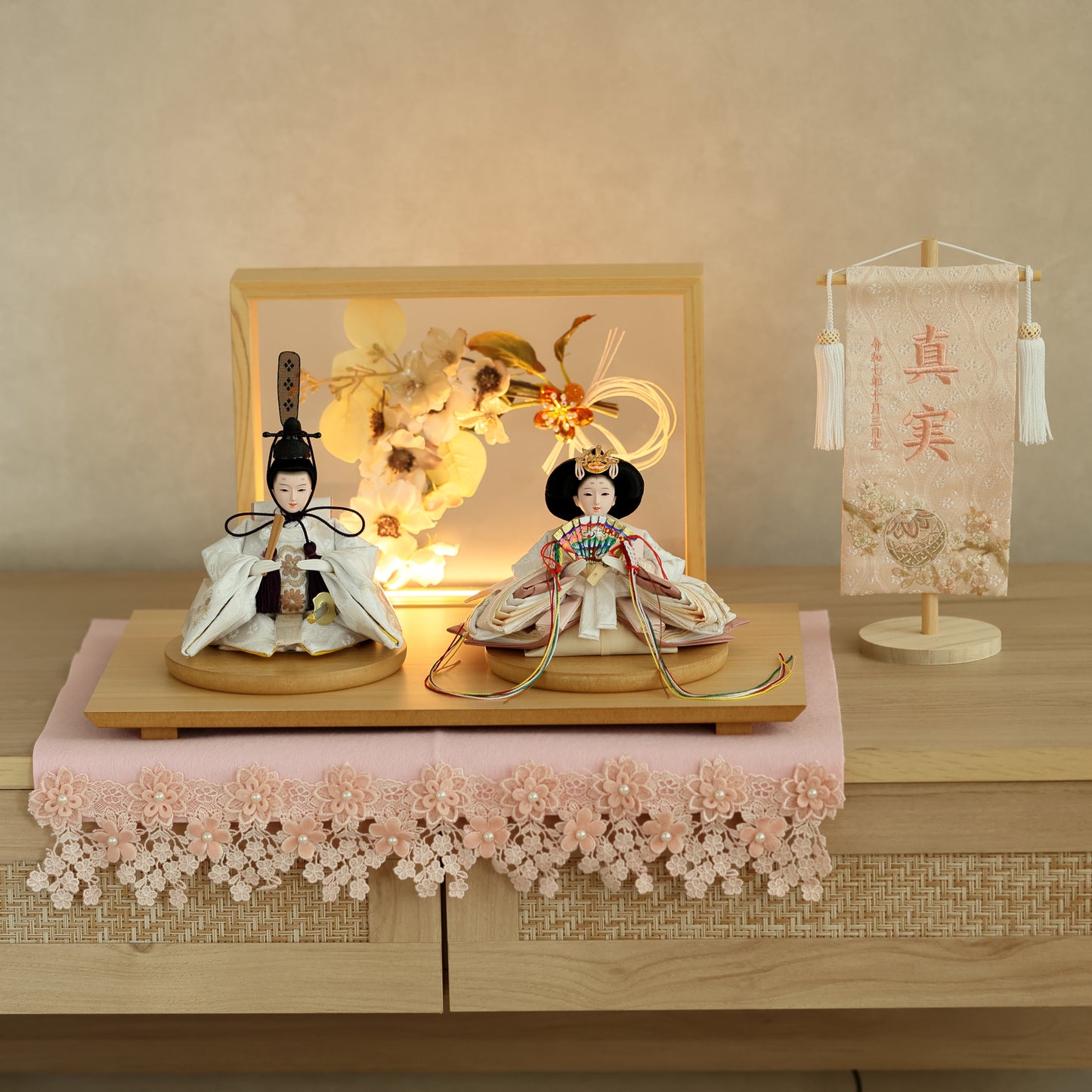 【フラワーアート×LEDライト】くすみカラー×手刺繍風 麻柄刺繍 ひな飾りセット