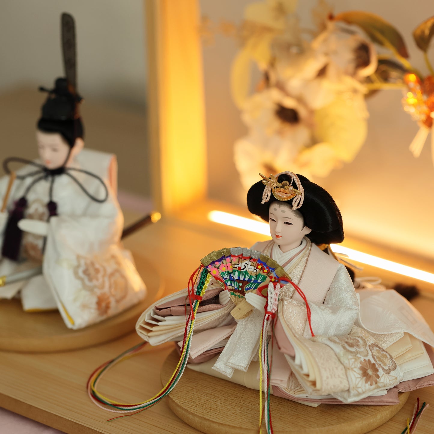 【フラワーアート×LEDライト】くすみカラー×手刺繍風 麻柄刺繍 ひな飾りセット