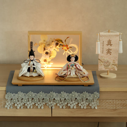 【フラワーアート×LEDライト】くすみカラー×手刺繍風 麻柄刺繍 ひな飾りセット