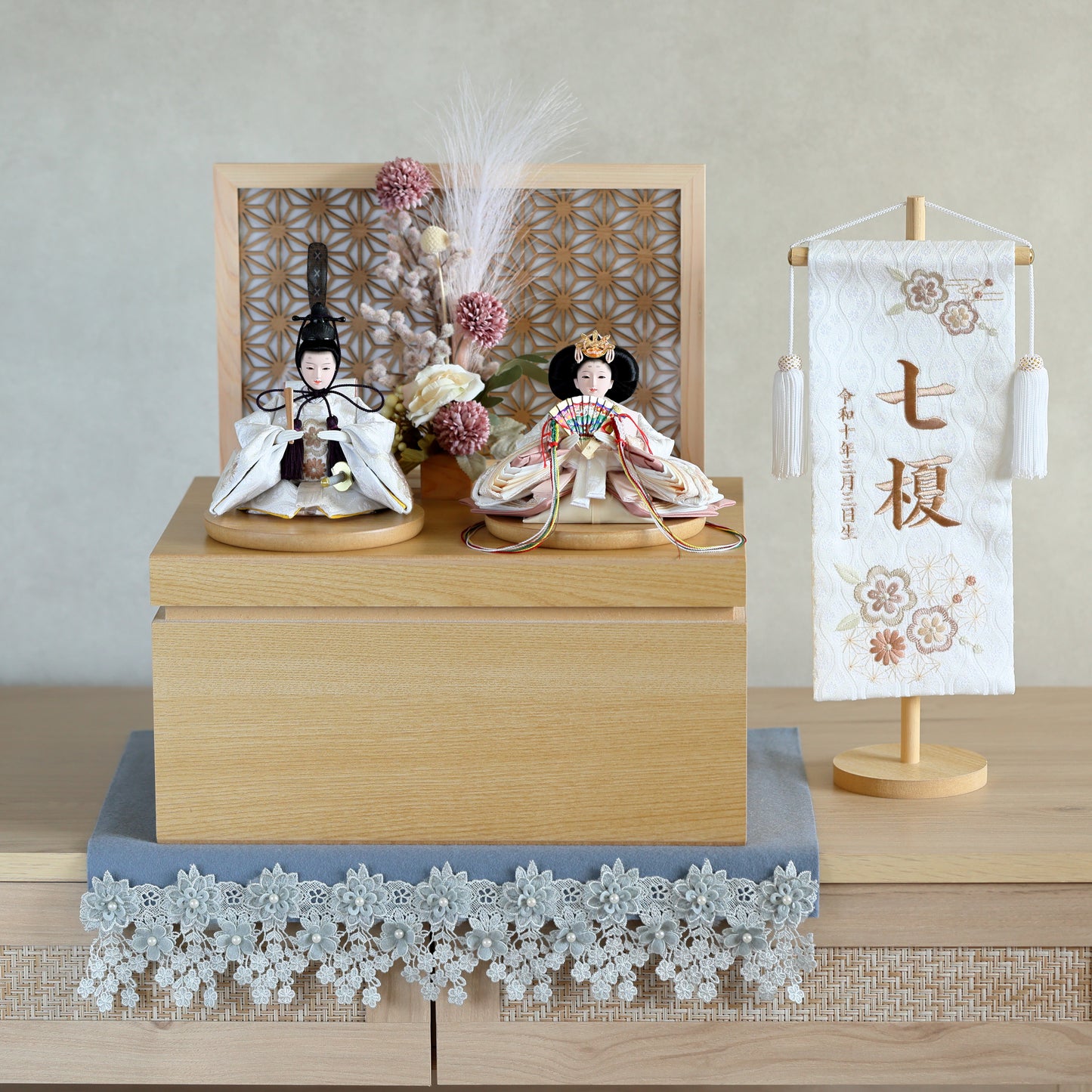 【春色くすみ雛ｘ透け感組子風屏風】コンパクト収納雛飾りセット