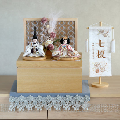 【春色くすみ雛ｘ透け感組子風屏風】コンパクト収納雛飾りセット