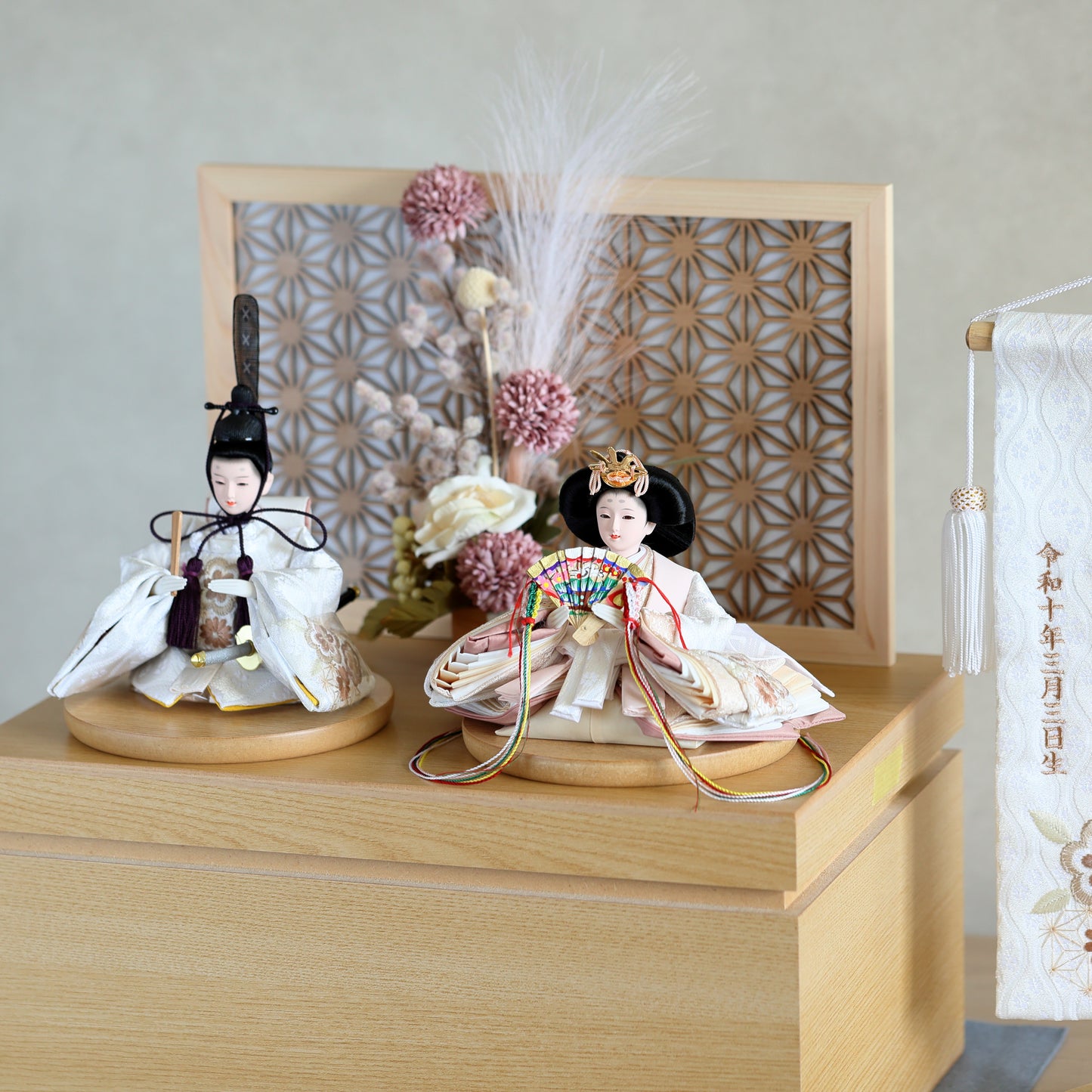 【春色くすみ雛ｘ透け感組子風屏風】コンパクト収納雛飾りセット