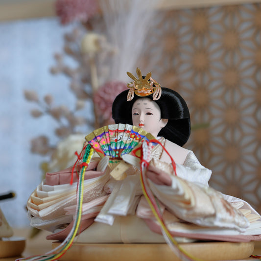 【くすみカラーが可愛い】コンパクト収納雛飾りセット 春色くすみ雛 組子風麻柄屏風