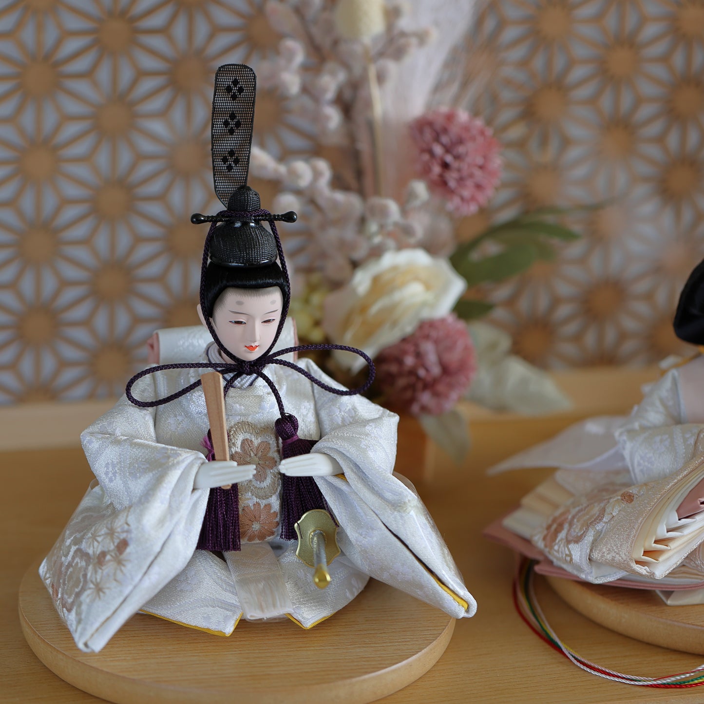 【春色くすみ雛ｘ透け感組子風屏風】コンパクト収納雛飾りセット