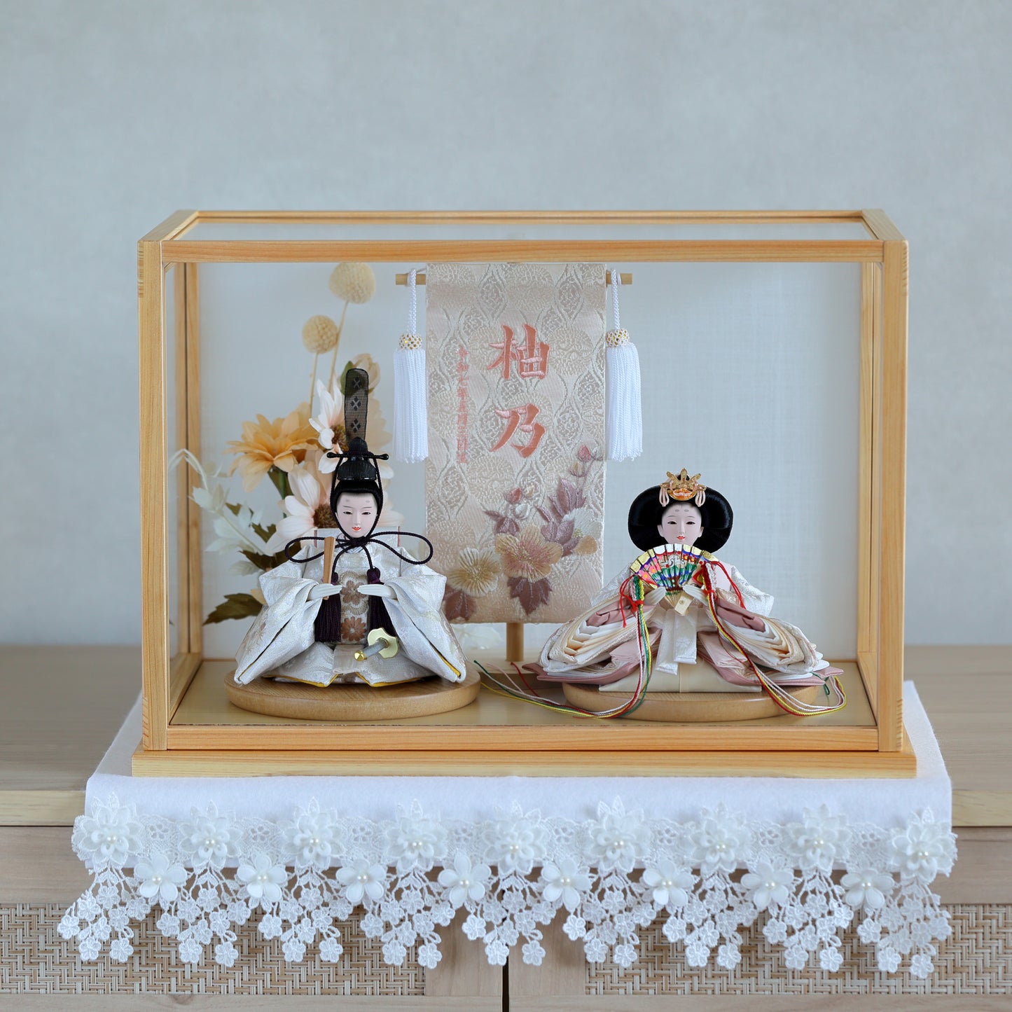 【くすみカラー×手刺繍風 麻柄刺繍雛】コンパクトdeケースに飾るひな人形♪