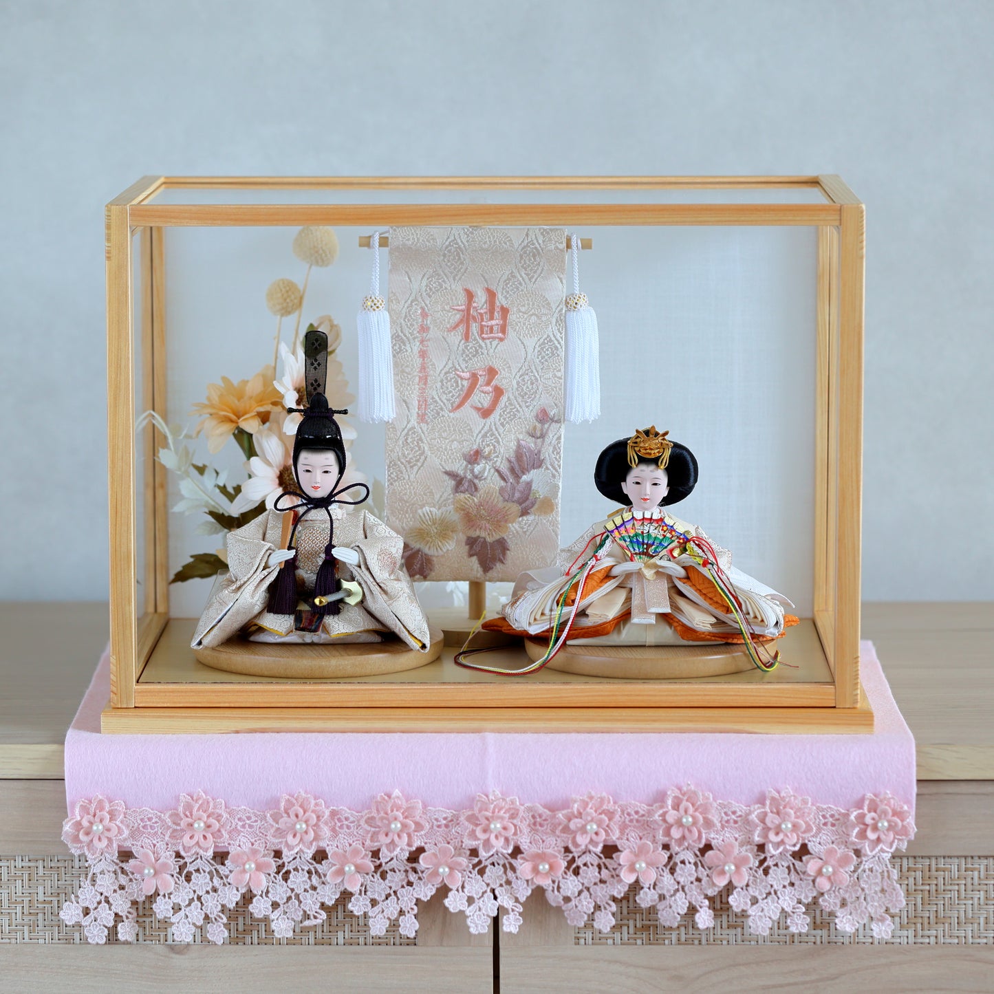 【くすみカラー×雪輪桜 刺繍雛】コンパクトdeケースに飾るひな人形♪