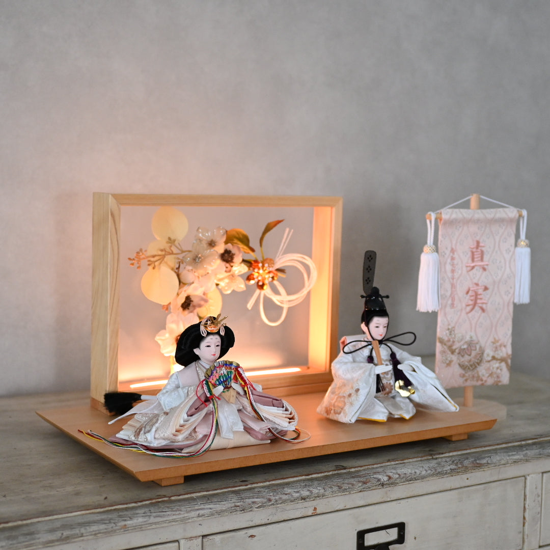 【フラワーアート×LEDライト】くすみカラー×手刺繍風 麻柄刺繍 ひな飾りセット
