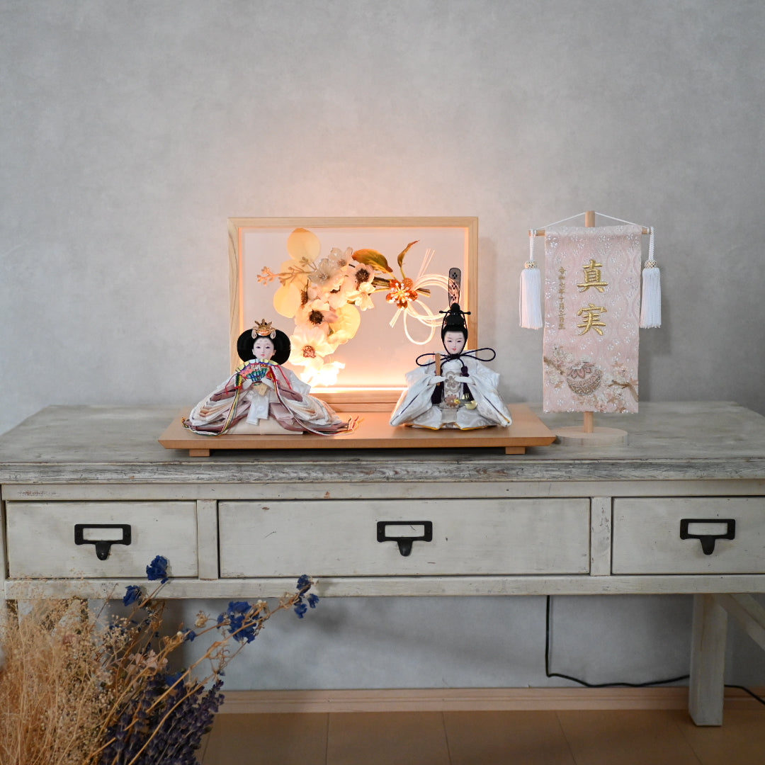 【フラワーアート×LEDライト】くすみカラー×手刺繍風 麻柄刺繍 ひな飾りセット