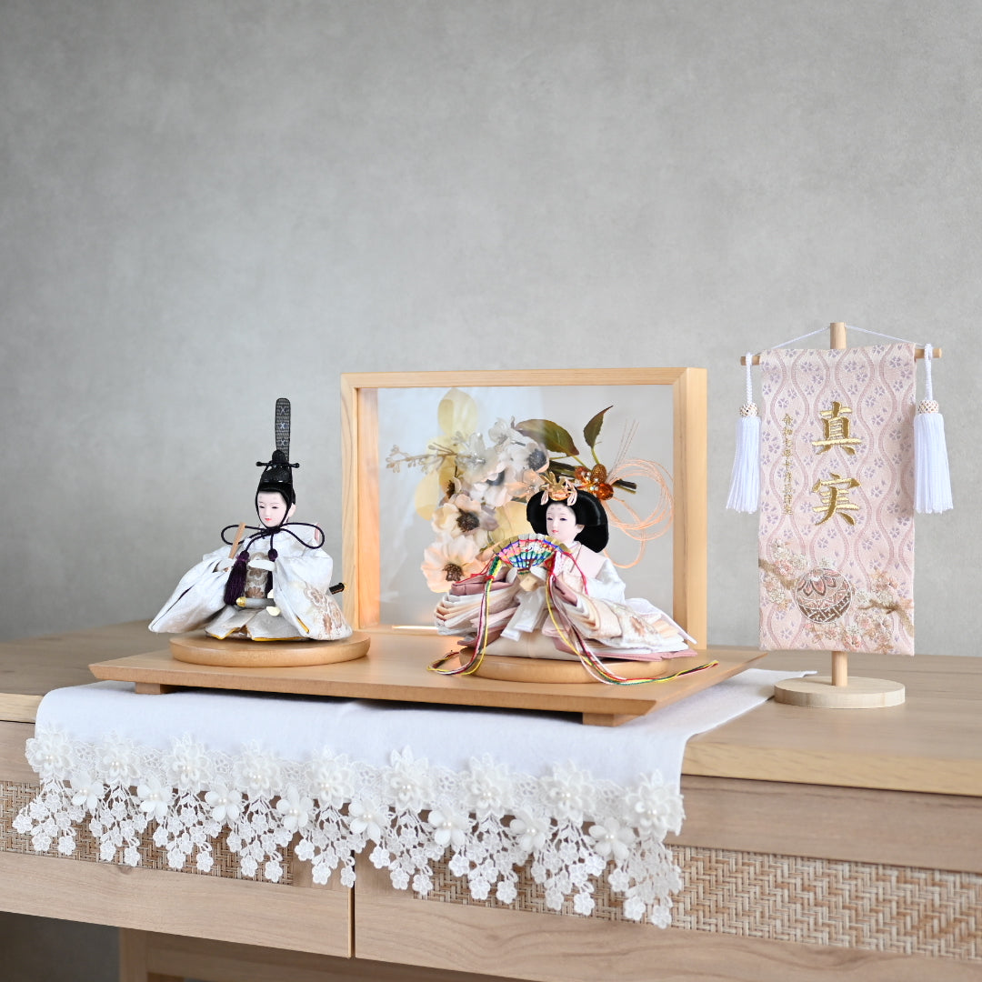 【フラワーアート×LEDライト】くすみカラー×手刺繍風 麻柄刺繍 ひな飾りセット