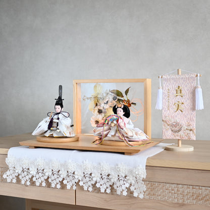 【フラワーアート×LEDライト】くすみカラー×手刺繍風 麻柄刺繍 ひな飾りセット