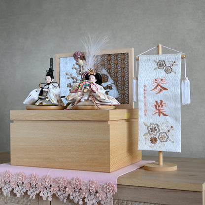 【春色くすみ雛ｘ透け感組子風屏風】コンパクト収納雛飾りセット