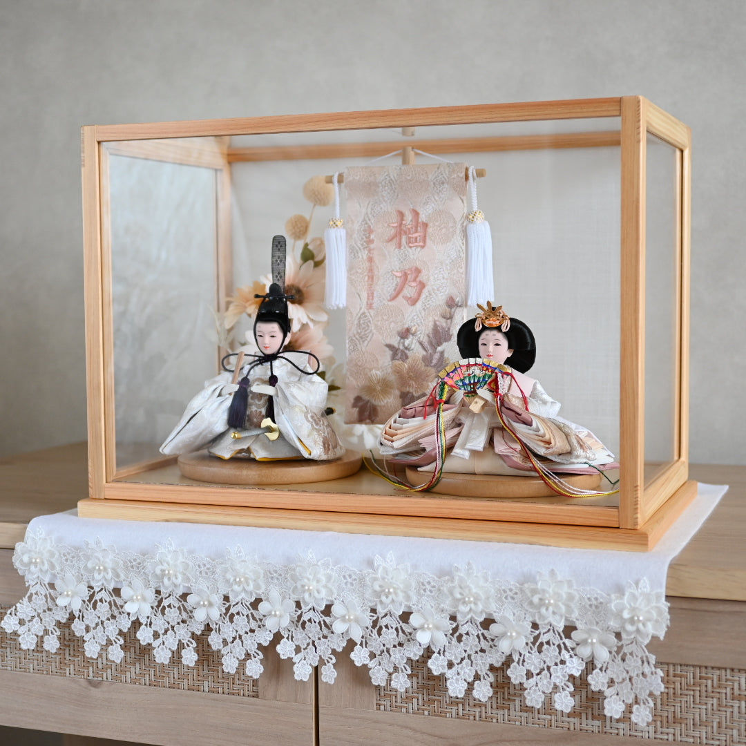 【くすみカラー×手刺繍風 麻柄刺繍雛】コンパクトdeケースに飾るひな人形♪