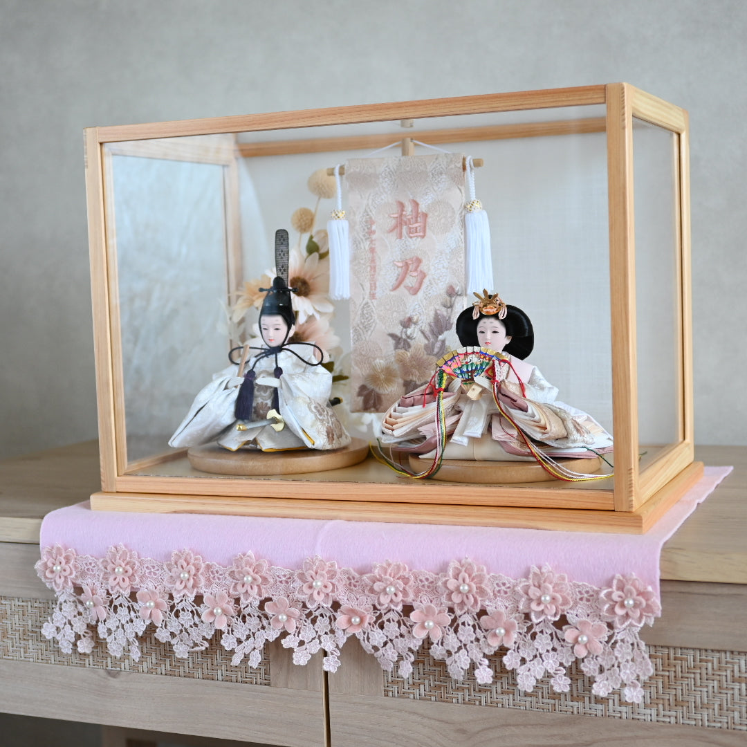 【くすみカラー×手刺繍風 麻柄刺繍雛】コンパクトdeケースに飾るひな人形♪