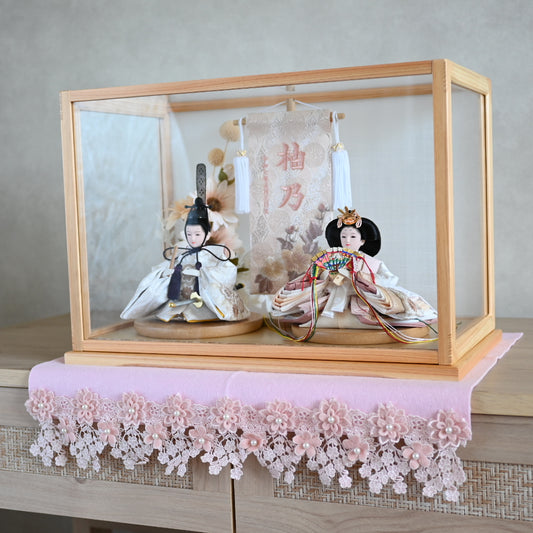 【くすみカラー×手刺繍風 麻柄刺繍雛】コンパクトdeケースに飾るひな人形♪