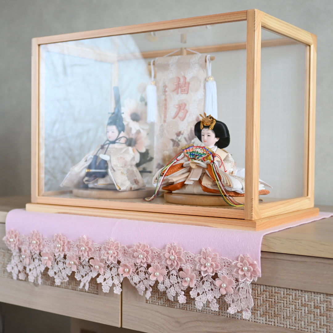【くすみカラー×雪輪桜 刺繍雛】コンパクトdeケースに飾るひな人形♪
